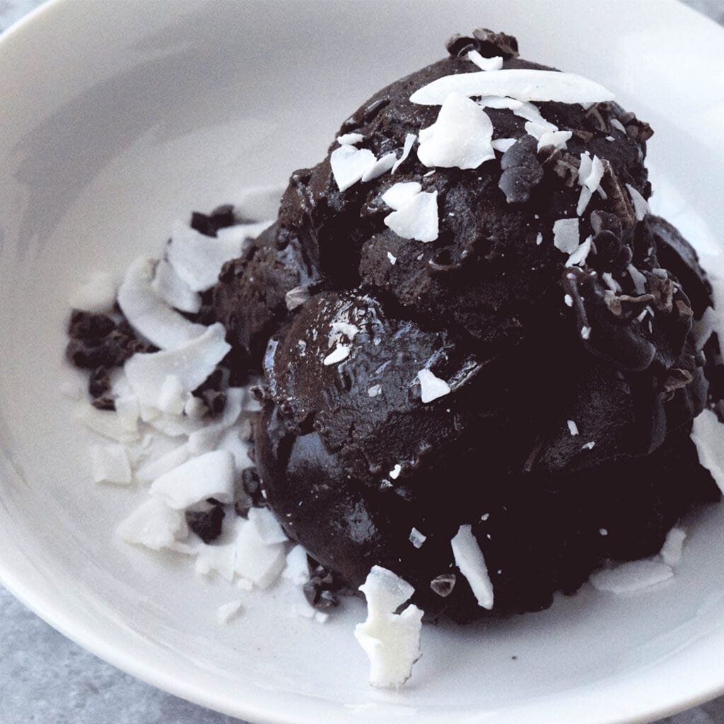 bowl of chocolate ice cream with coconut