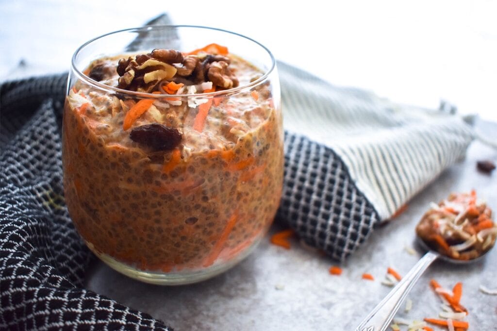 Chia pudding with carrot, pumpkin, raisins, coconut, walnuts and spices.