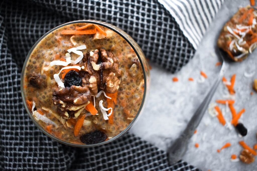 Chia pudding with carrot, pumpkin, raisins, coconut, walnuts and spices.