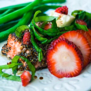 salmon with balsamic glaze, strawberry, basil and goat cheese