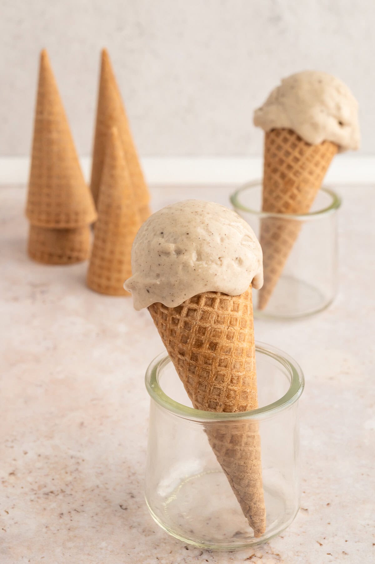 Vegan banana ice cream in a cone.