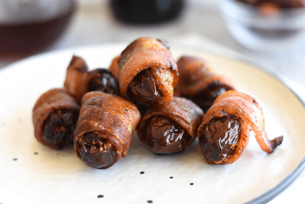 Easy Bacon Wrapped Dates on plate