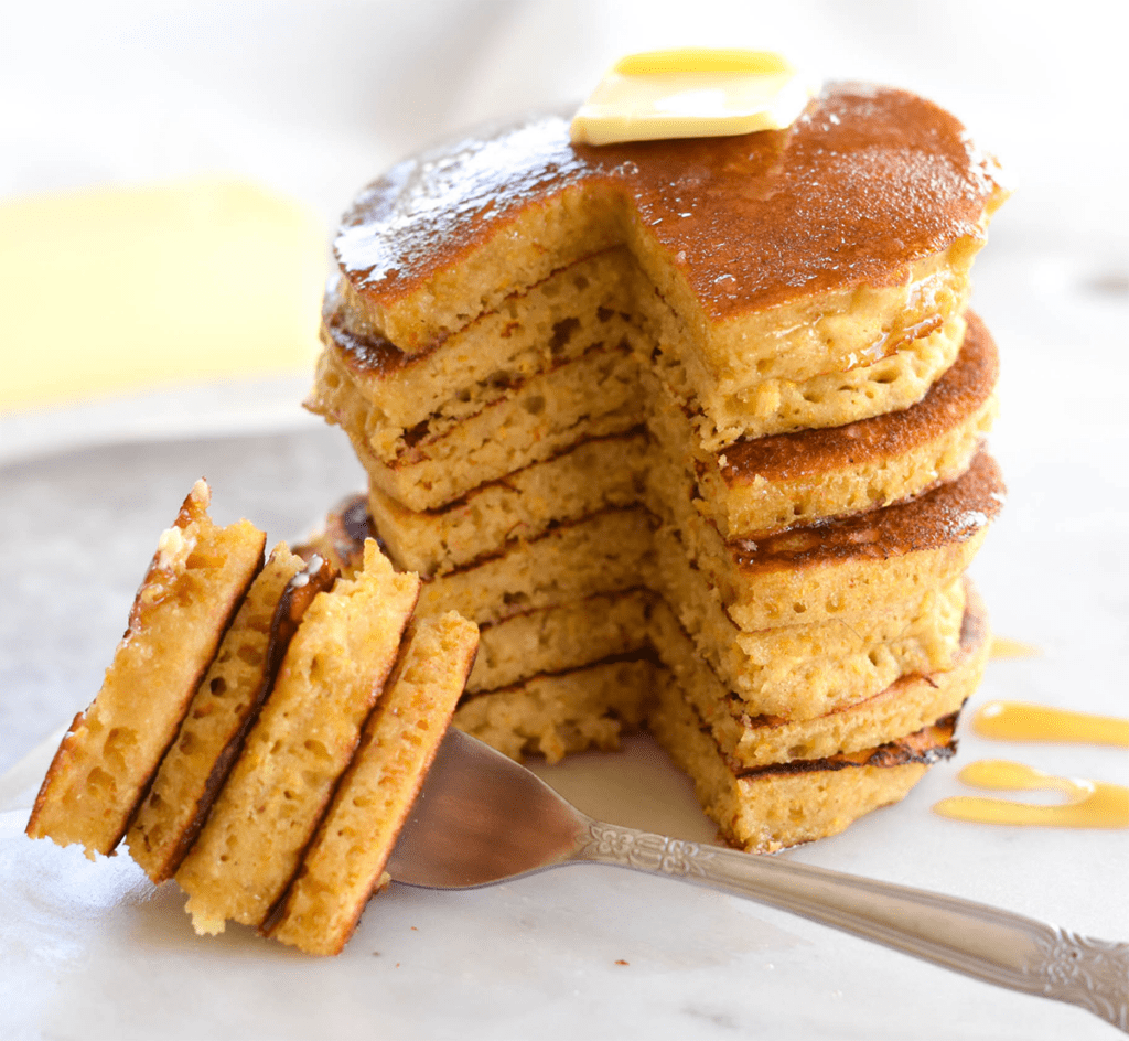 Stack of cornmeal pancakes.