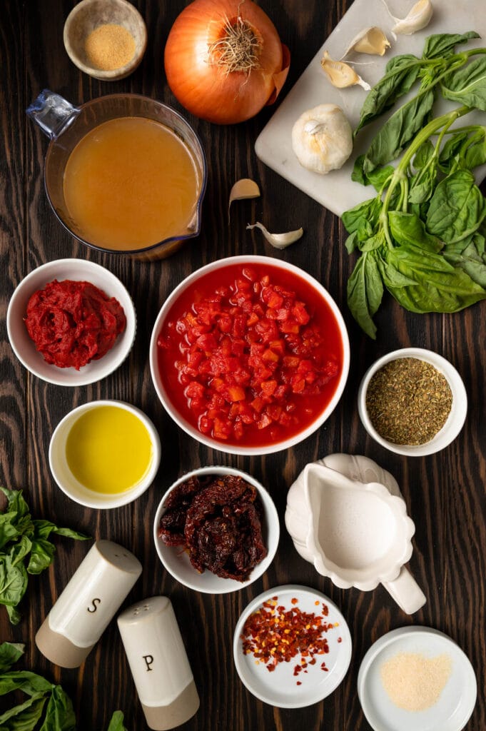 Ingredients used to make tomato basil soup.