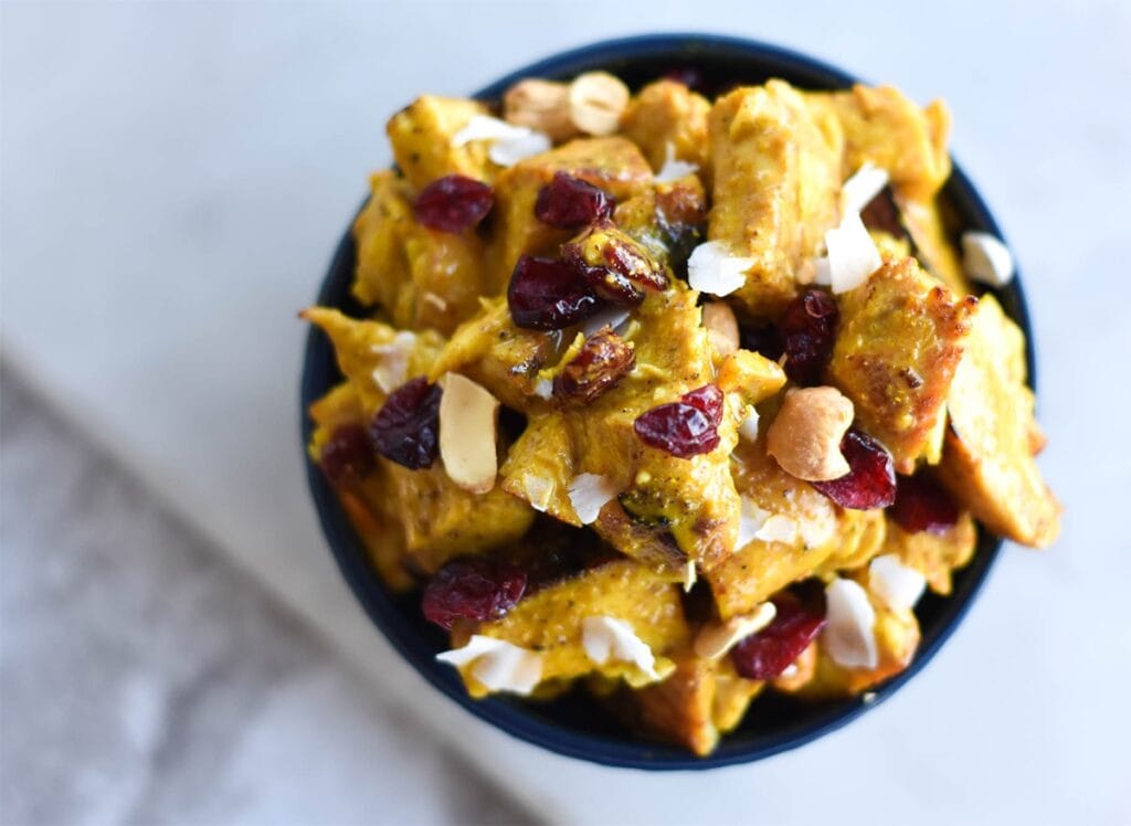 Top down view of paleo curry chicken salad