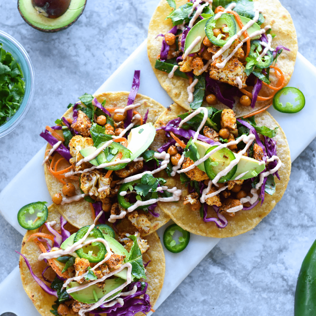 Platter of vegetarian tacos with cauliflower