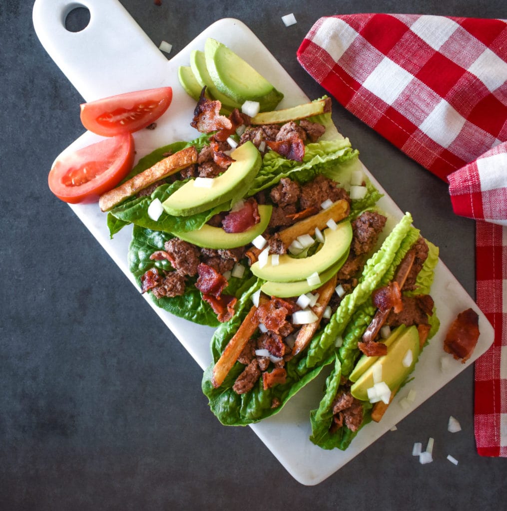 avocado bacon burger and fried lettuce wrap