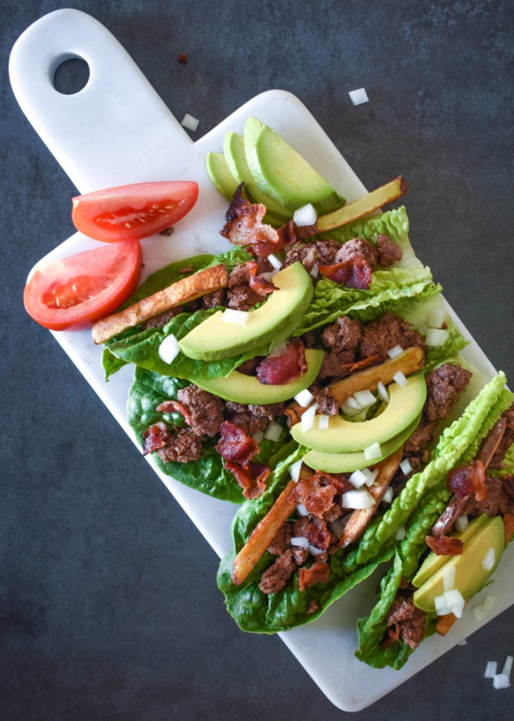 avocado bacon burger and fried lettuce wrap