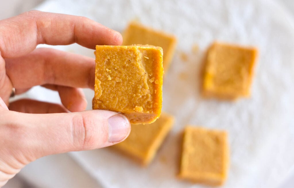 Hand holding piece of orange colored fudge