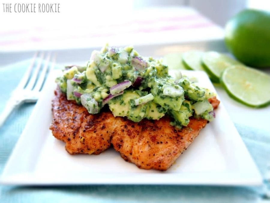 Salmon topped with guacamole