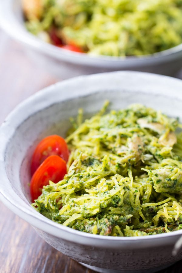 Paleo spaghetti squash chicken baked in casserole dish