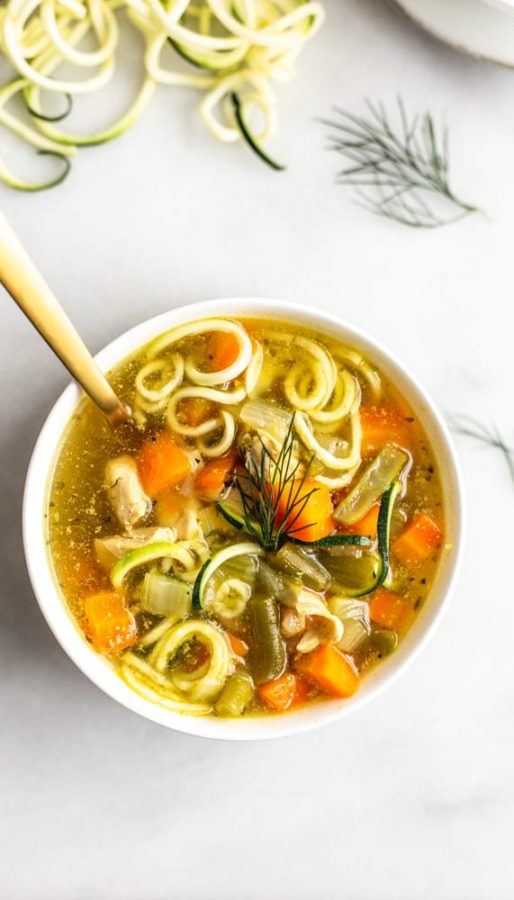 Hearty bowl of chicken zoodle soup