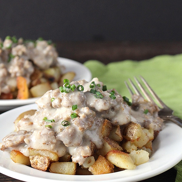 Sausage gravy over potatoes