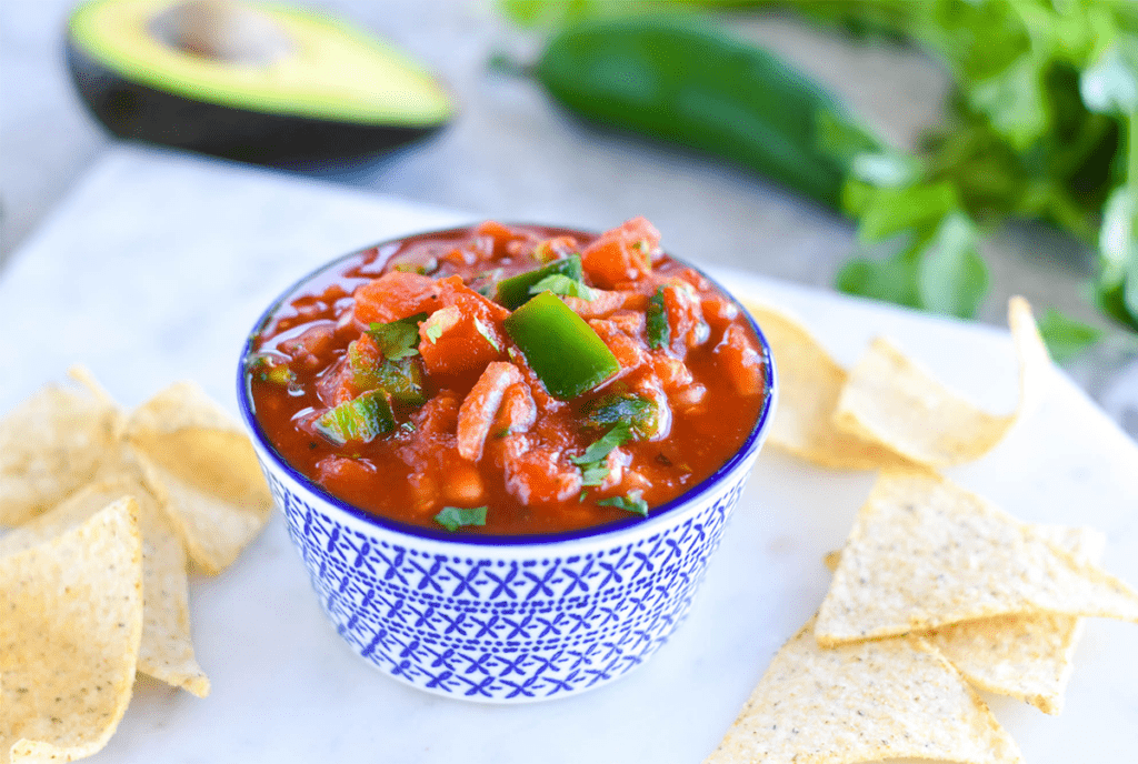 Salsa with chips and avocado