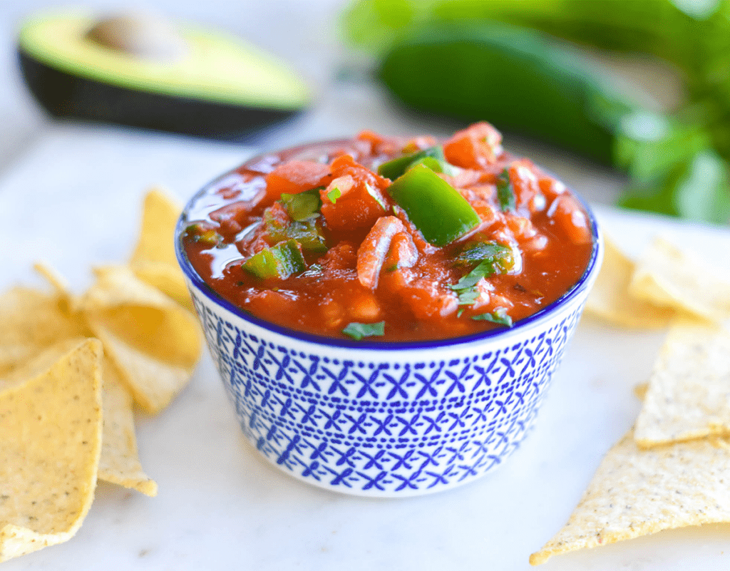 Salsa with chips and avocado