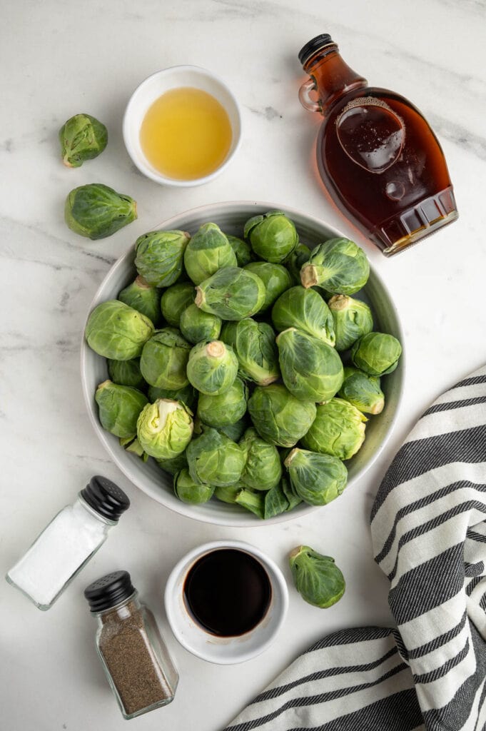 Ingredients used for maple balsamic roasted brussel sprouts.