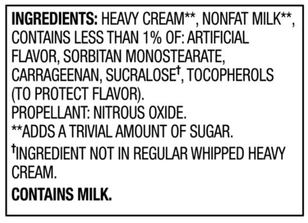 Nutrition label from Store Bought Sugar Free Whipped Cream.