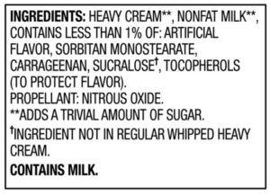 Nutrition label from Store Bought Sugar Free Whipped Cream.