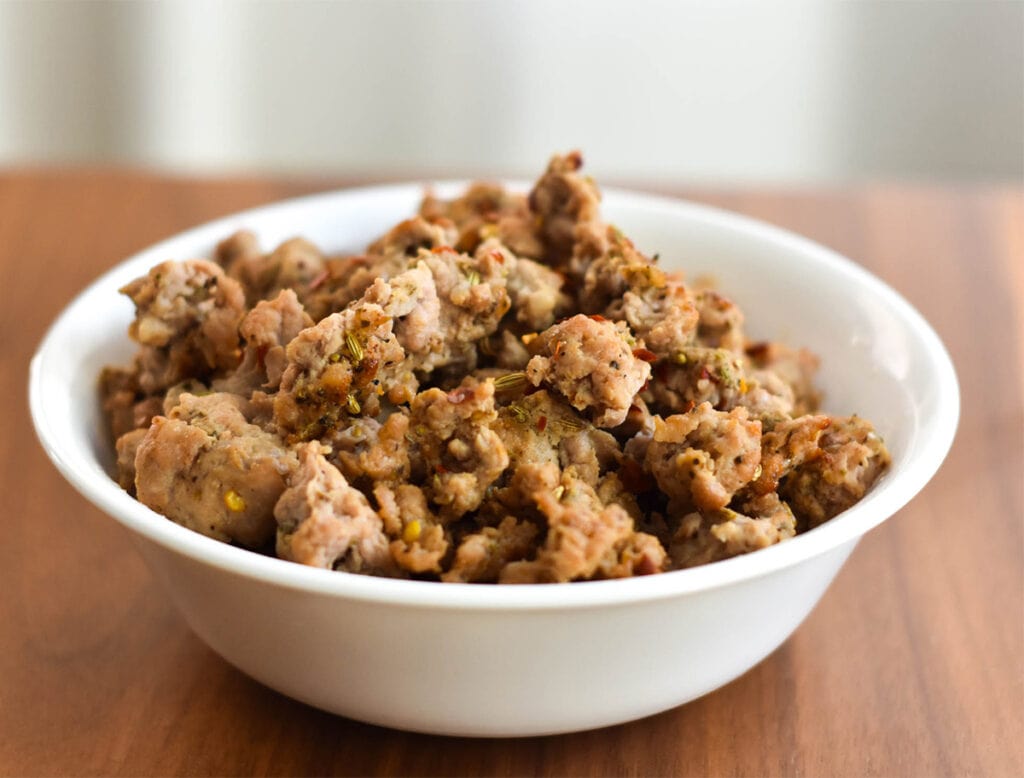 Bowl of cooked Italian sausage.