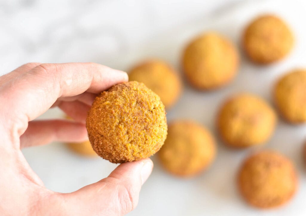 Hand holding paleo pumpkin donut hole.