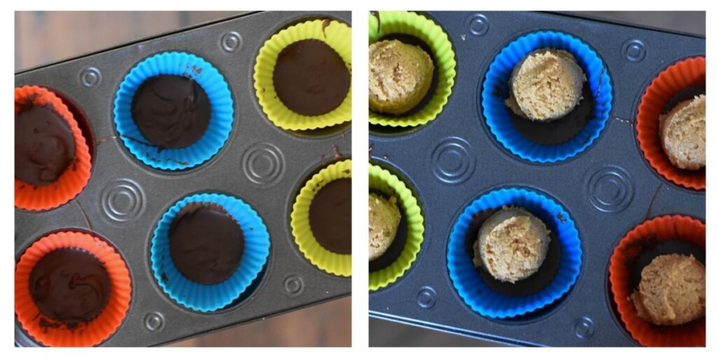 Muffin tin lined with silicone muffin liners filled with a layer of chocolate and peanut butter.