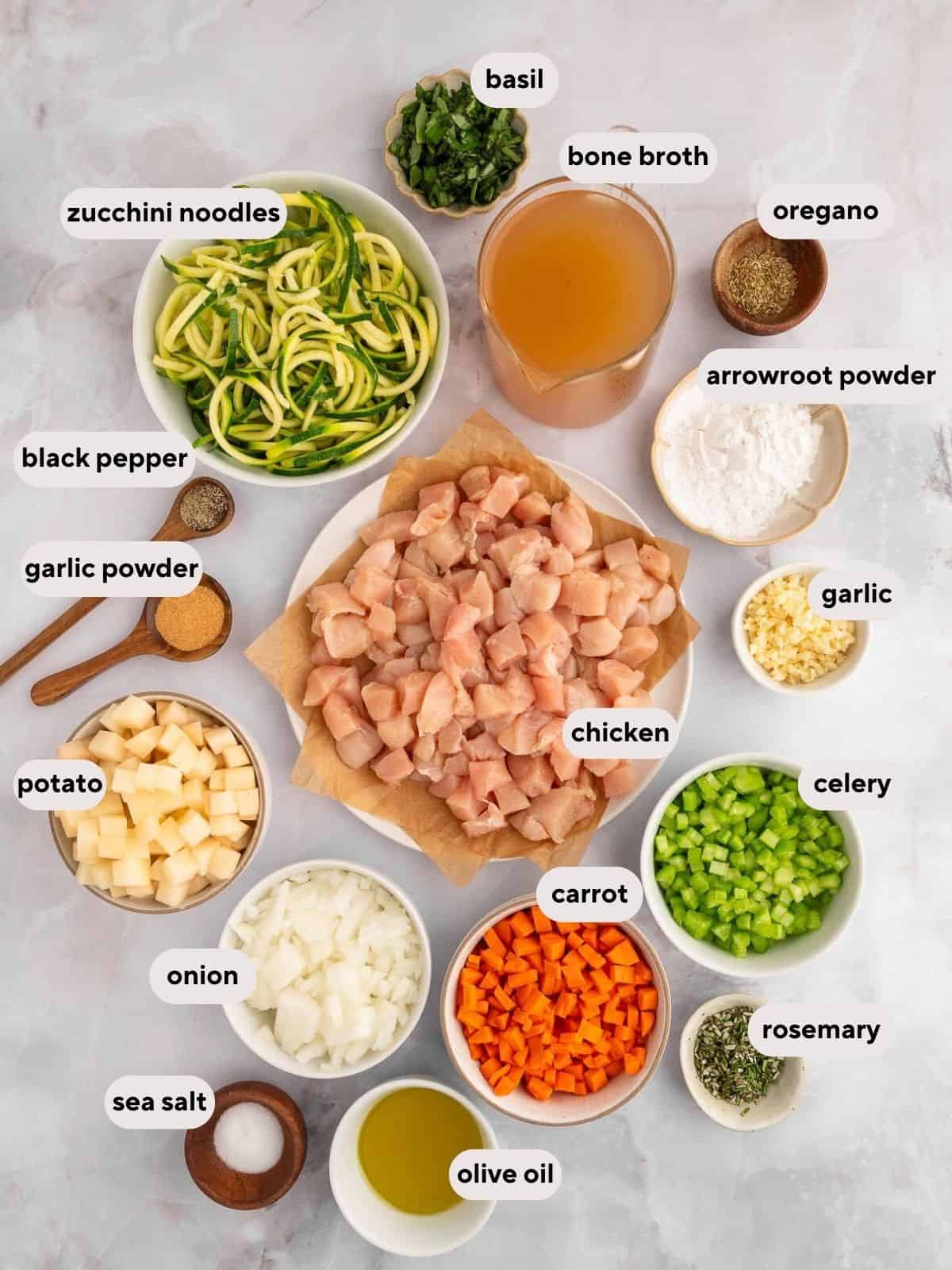 Ingredients for paleo chicken noodle soup.