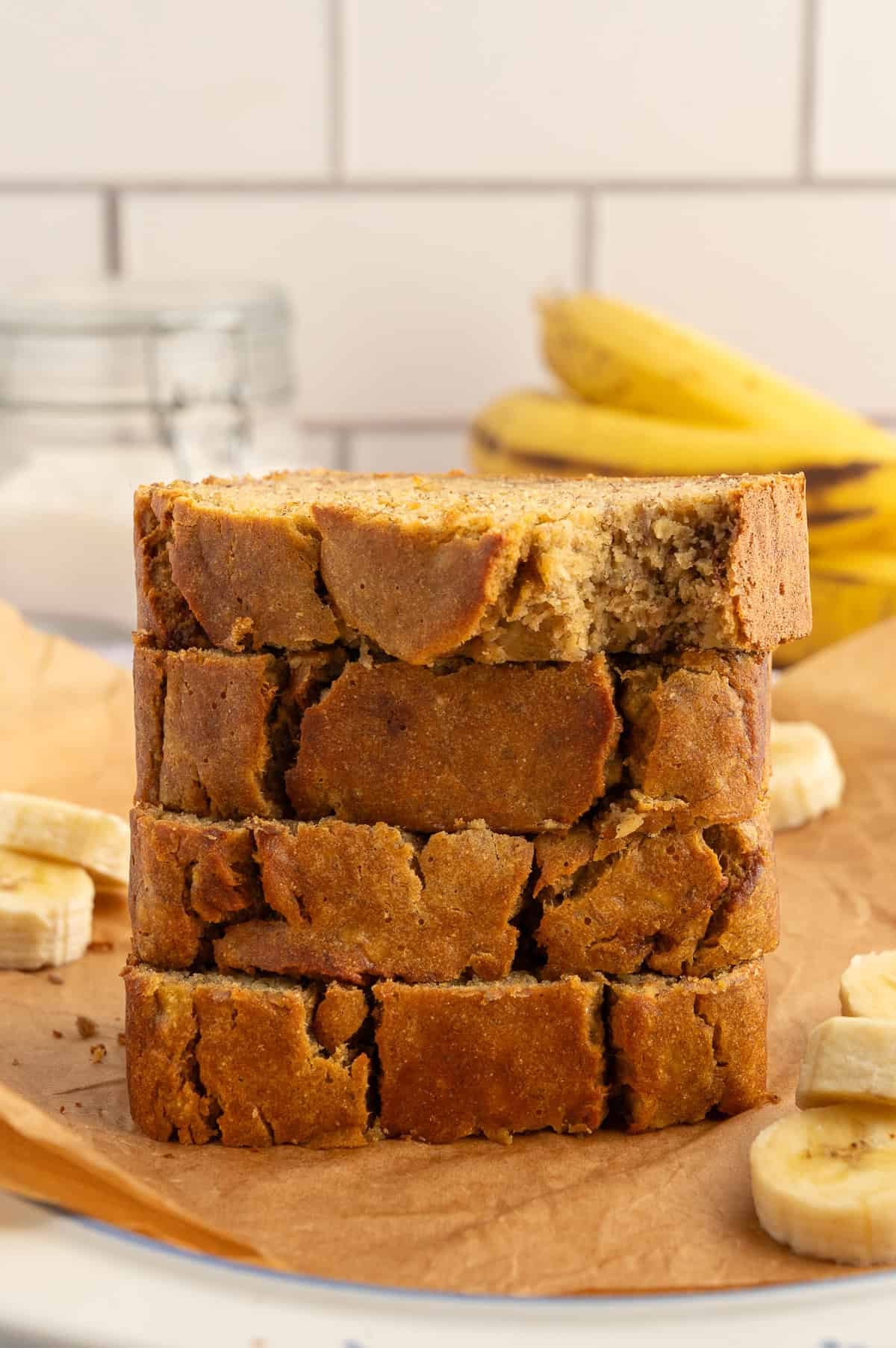 Stacked sliced of chickpea flour banana bread.