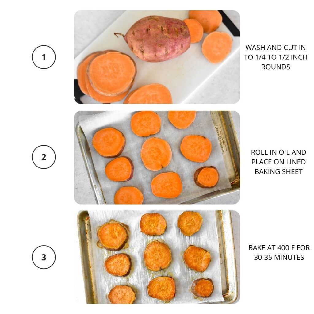 Process shot showing how to slice sweet potatoes and roast them to make sweet potato buns.