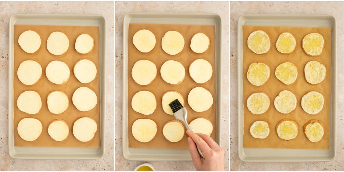 Process images showing slicing and baking sweet potato rounds.