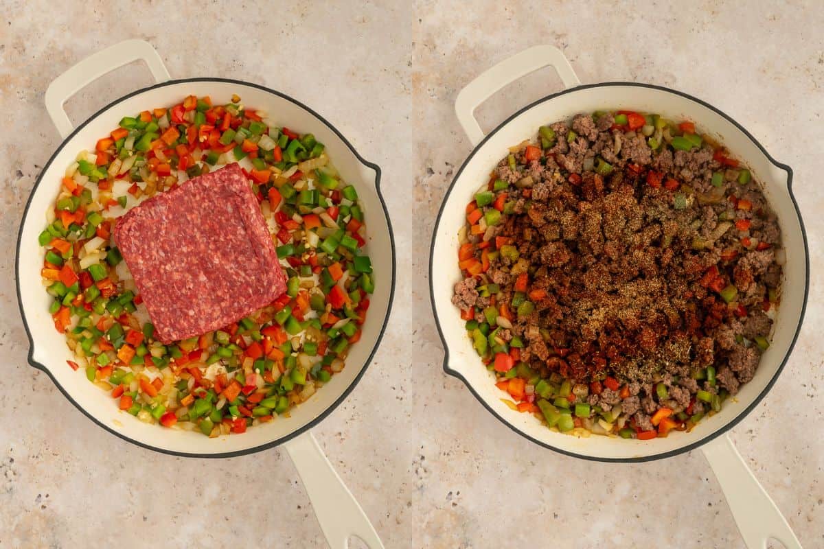 Process photos showing browning and seasoning beef.