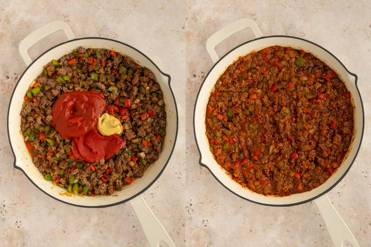 Process photos showing making sloppy Joe sauce.