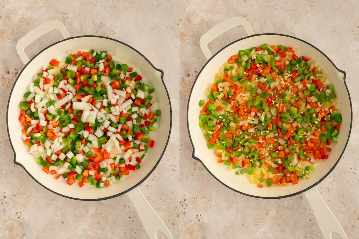 Process photos showing sautéing bell peppers, onions, and garlic.