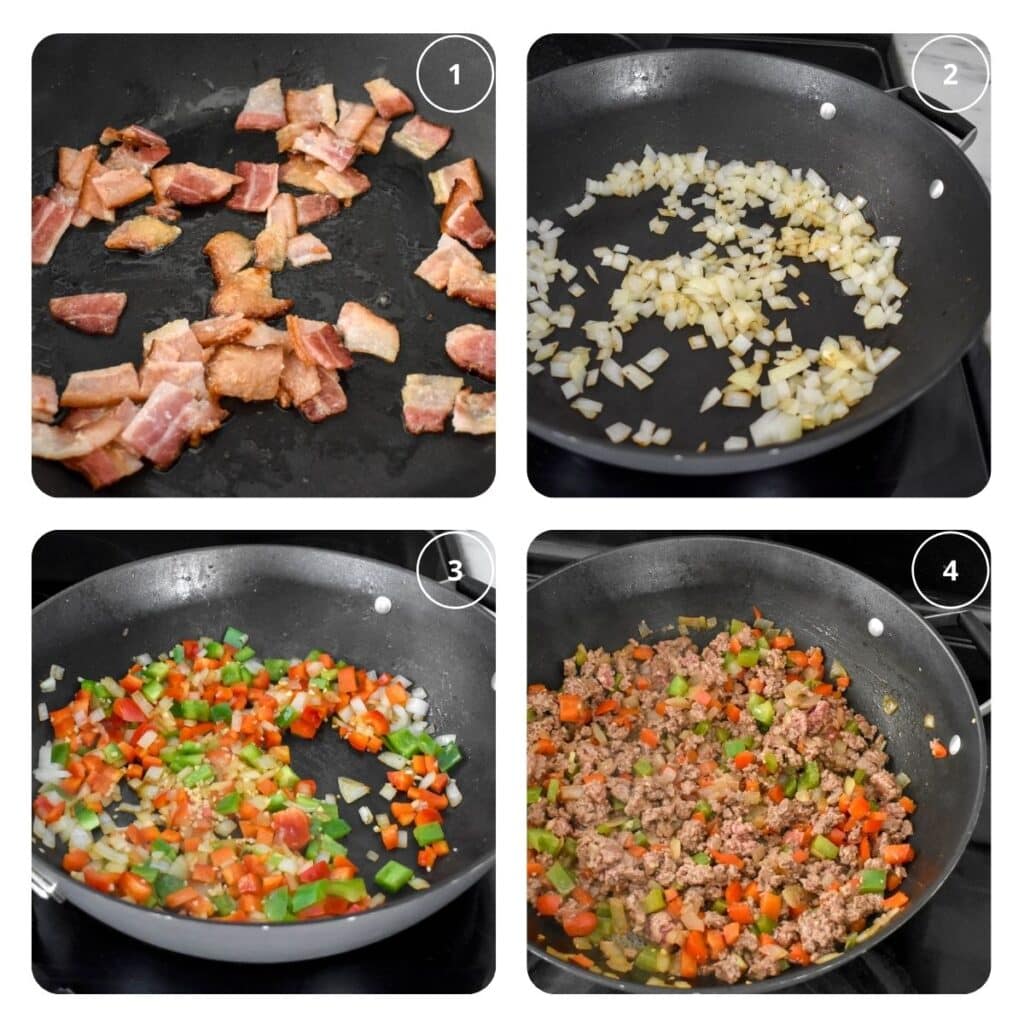 Process shots showing how to fry bacon, sauté onions, cook veggies and beef to make paleo sloppy joes.