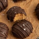 Close up of peanut butter egg with a bite out of it.