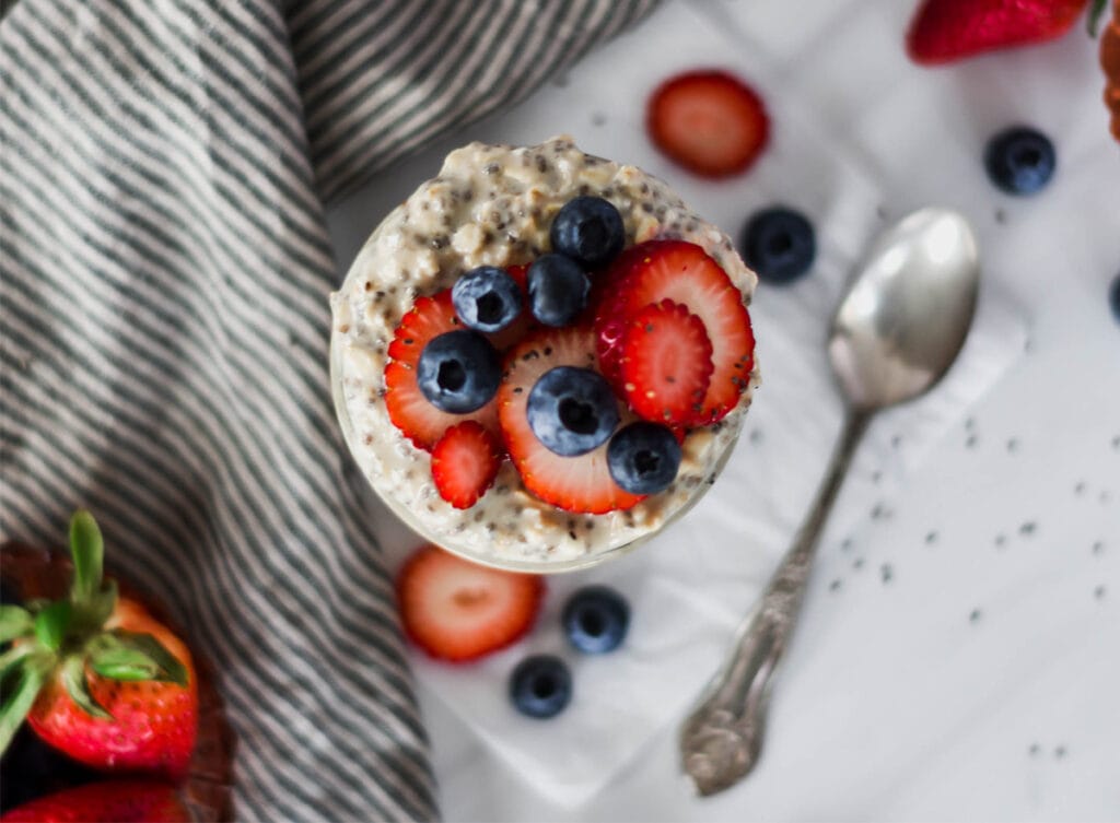 Top down view of overnight protein oats.