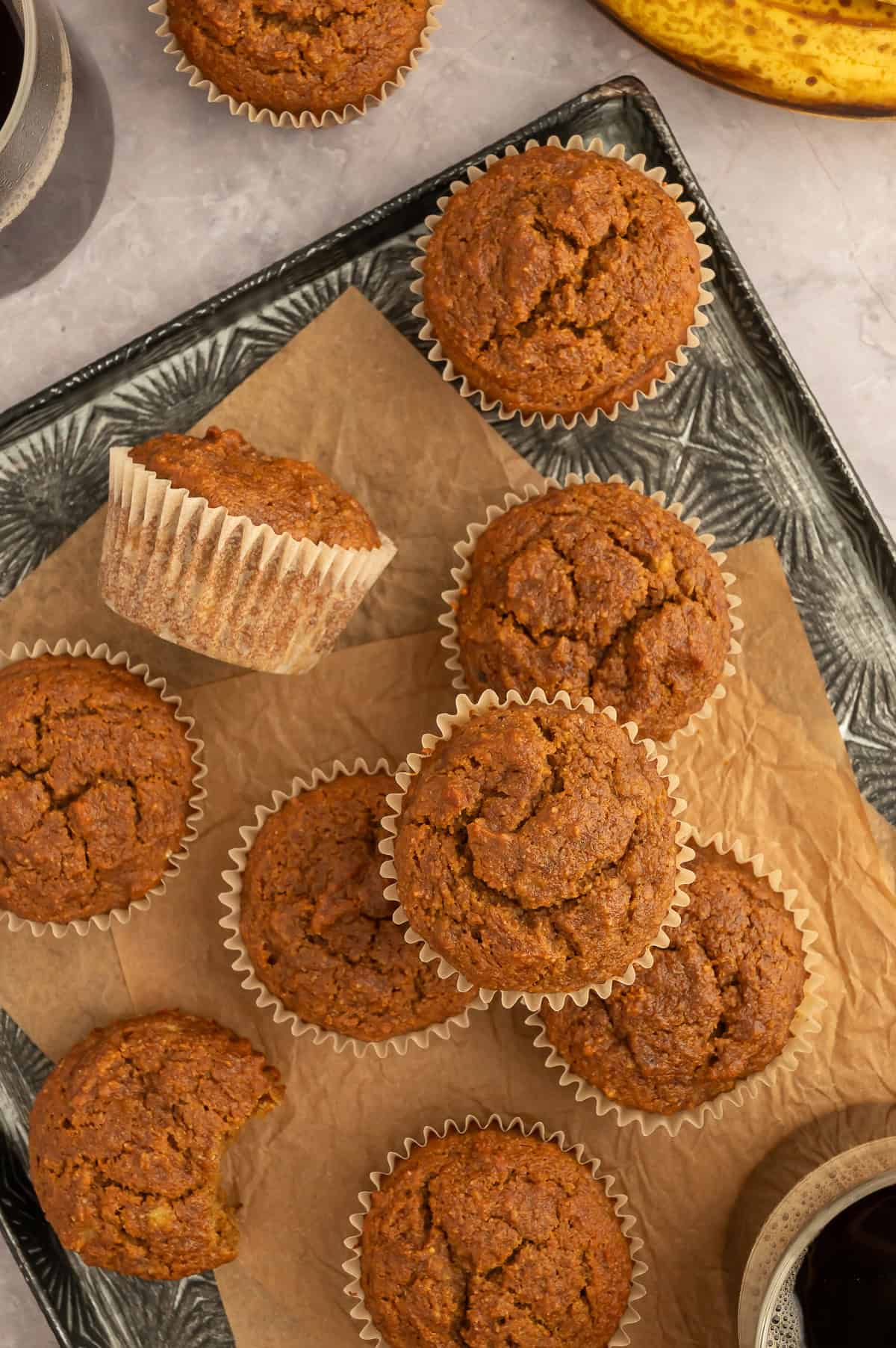Tray full of paleo banana espresso muffins.