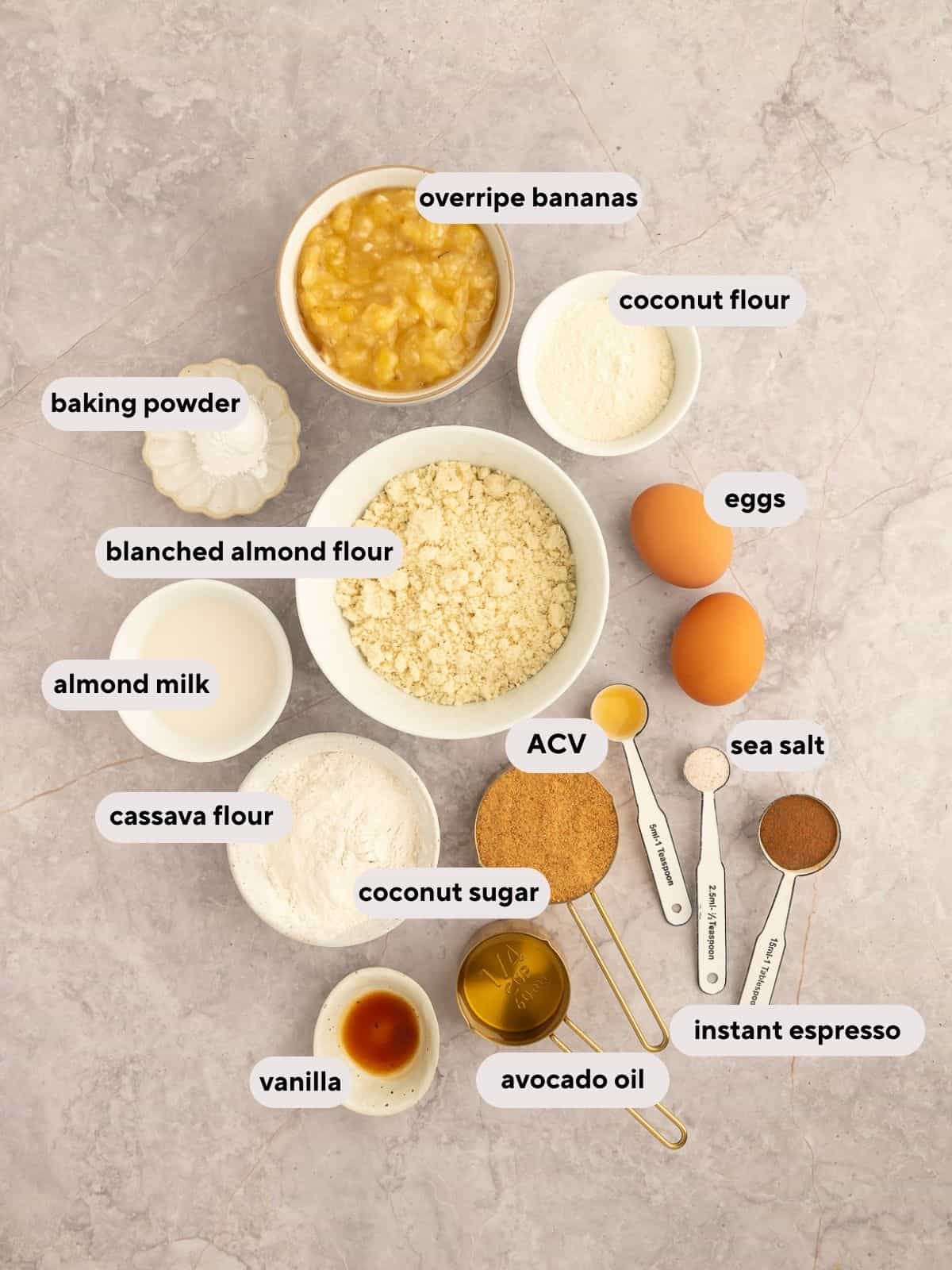 Ingredients for paleo banana espresso muffins.