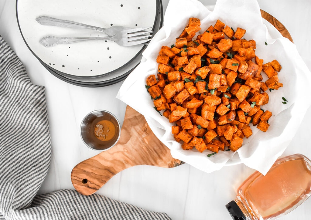 Top down view of chiptole honey roasted sweet potatoes.