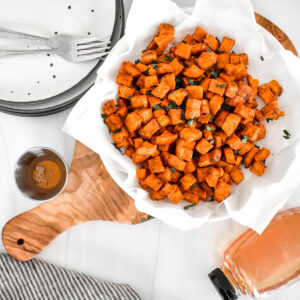 Top down view of chiptole honey roasted sweet potatoes.
