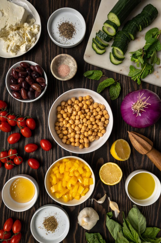 Ingredients used to make Greek Chickpea Salad.