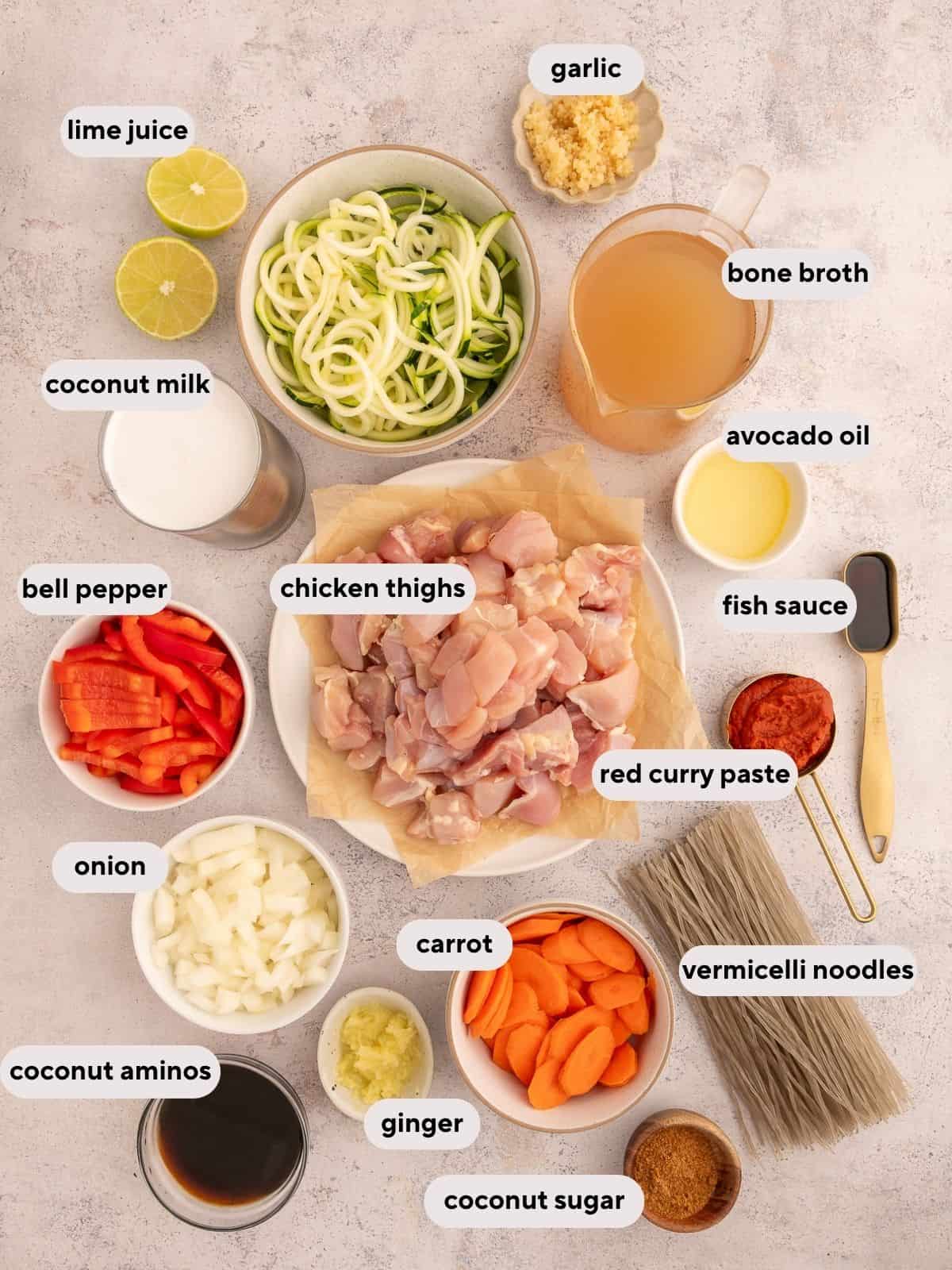 Ingredients used for red curry chicken soup.