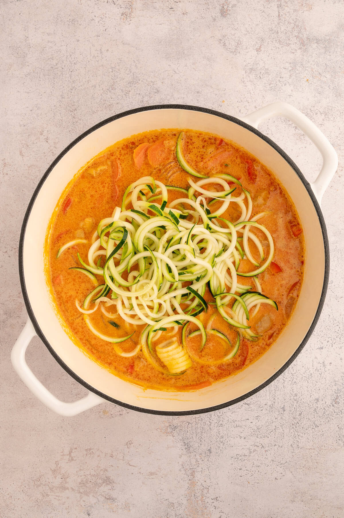 Noodles added to finished soup.