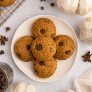 Plate of gluten free pumpkin chocolate chip cookies.