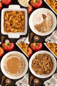 Photos demonstrating process to make peanut butter apple crisp.