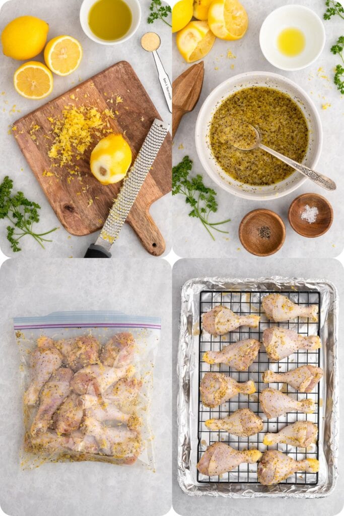Process photos showing how to make lemon pepper drumsticks.