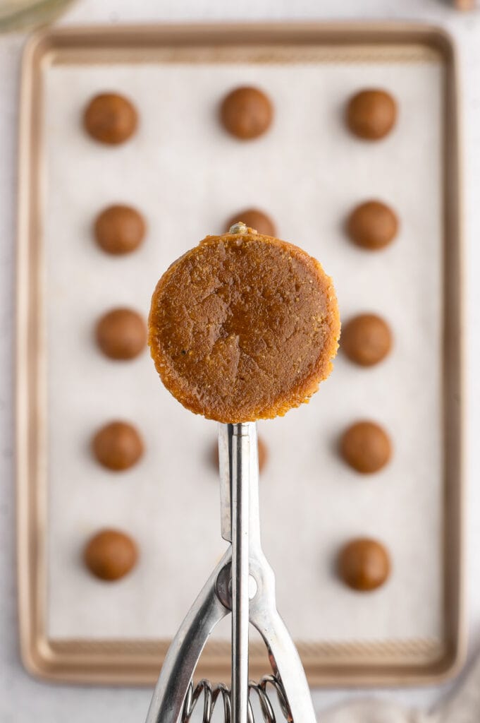 Scoop scooping pumpkin protein ball dough.