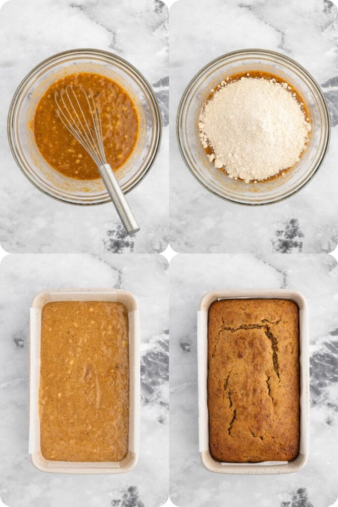 Almond Butter Banana Bread process photos demonstrating combing wet and dry ingredients and pouring into bread pan.