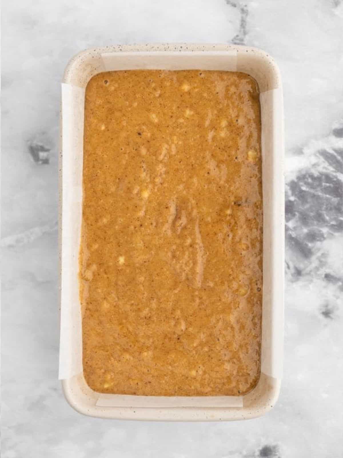 Batter for paleo almond butter banana bread in bread pan.