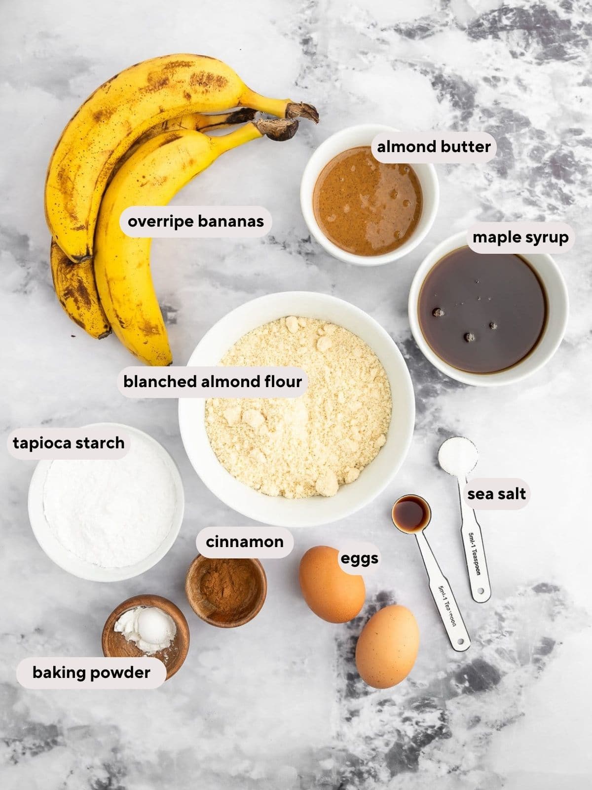 Ingredients used for paleo almond butter banana bread.