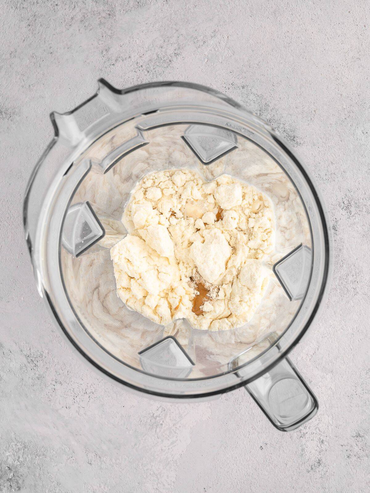 Ingredients for protein ice cream bars in blender, unmixed.